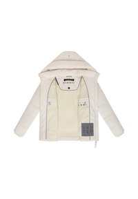 Veste blanche matelassée avec capuche, présentant une doublure beige douce, plusieurs poches et des accents en métal noir. Étiquette du fabricant visible à l'intérieur.