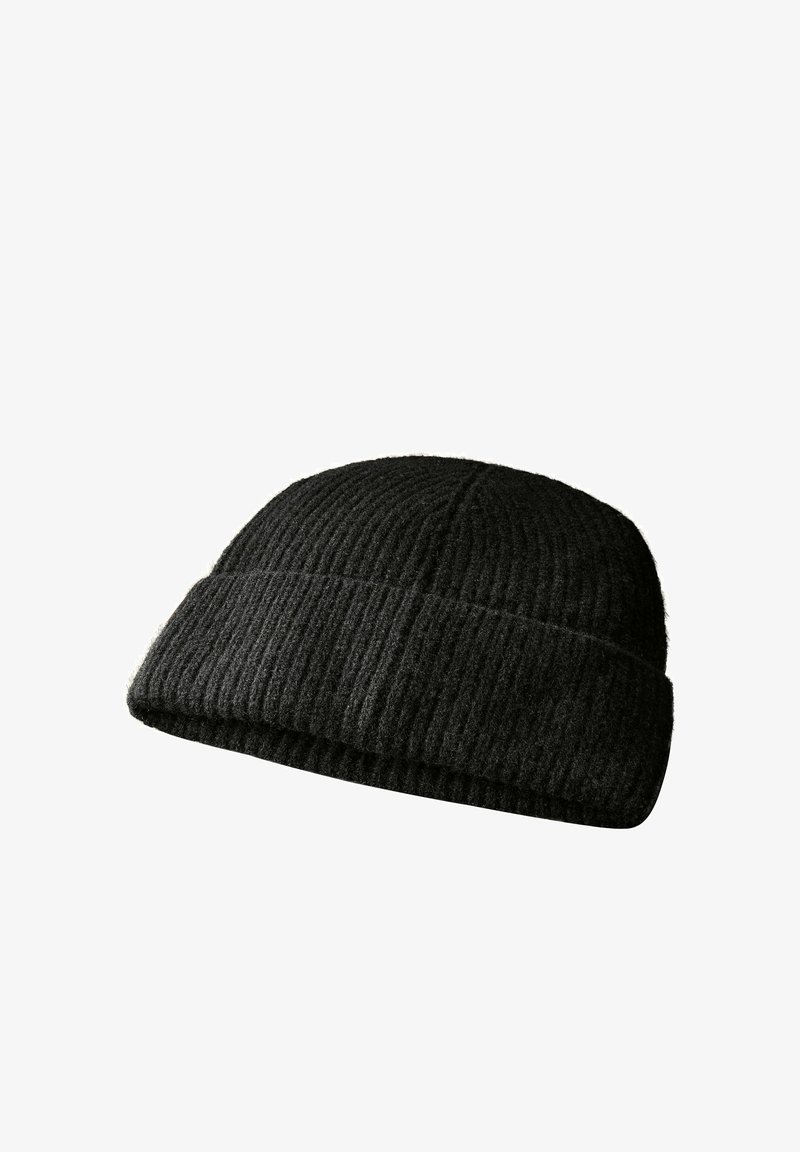 Black knitted beanie hat featuring a ribbed texture and a folded cuff. Made of soft, warm fabric suitable for cold weather.