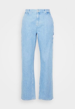 Light blue denim pants with a straight leg design, high waist, and front button closure. Features two side pockets and minimal stitching.