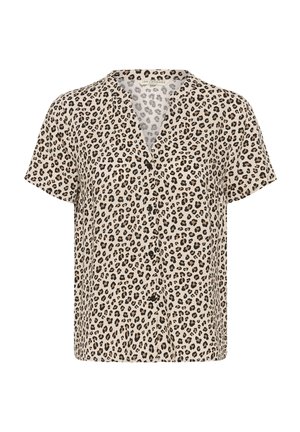 Blusa beige a maniche corte con stampa leopardata nera e marrone, scollo a V e bottoni sul davanti.