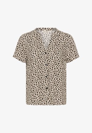 Blusa beige a maniche corte con stampa leopardata nera e marrone, scollo a V e bottoni sul davanti.