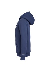 Felpa blu navy realizzata in misto cotone, con tasca frontale, polsini a costine e cappuccio con cordino. Etichetta ricamata "UNFR" sulla manica.