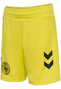 Gula idrottsshorts med elastisk midja, med en svart logotyp och chevrondesign på sidorna. Tillverkade av ett lätt material.