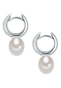 Sudraba gredzenveida auskari ar pērļu piekariņu, ar izliekta dizaina un mazu caurspīdīgu akmeņu rindu gar gredzenu. Gluda, pulēta virsma.