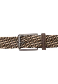 Vævet bælte i brun og beige, med en mørk metalspænde og en læderløkke. Tekstureret mønster med flettet design for fleksibilitet.