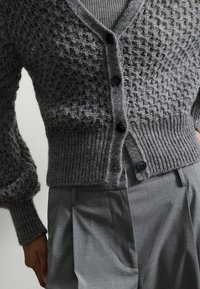 Grijze gebreide cardigan met een V-hals, voorzien van een gestructureerd patroon, geribbelde manchetten en zoom, en zwarte knopen. Draagt over een grijze broek.