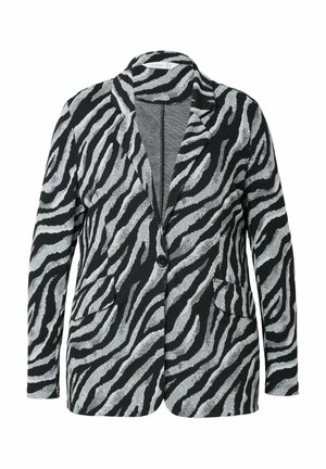 Blazer à motif zèbre en tissu texturé noir et gris, avec revers à cran, fermeture à un bouton et deux poches avant.