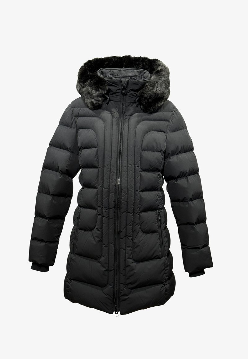 Black puffer jacket with a faux fur-lined hood, zip closure, and quilted texture. Two side pockets, long sleeves, and a fitted silhouette.