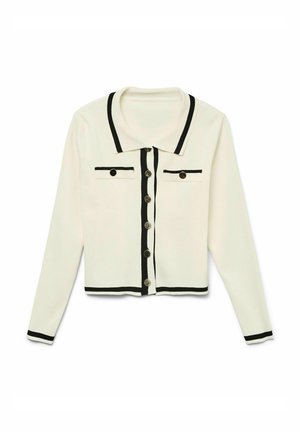 Cardigan bianco a maniche lunghe con colletto, caratterizzato da rifiniture nere e due tasche frontali, chiuso con bottoni tondi al centro.
