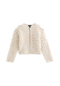 Cardigan bianco con texture e strisce a rouches, maniche lunghe, scollatura rotonda e chiusura centrale a zip. Tessuto morbido dall'aspetto accogliente.