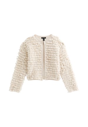 Cardigan blanco texturizado con franjas rizadas, mangas largas, escote redondo y cierre central con cremallera. Tejido suave con una apariencia acogedora.
