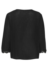 Svart blus med lös passform, som har trekvartslånga ärmar, texturerad tyg och en fin spetsdetalj vid ärmsluten.