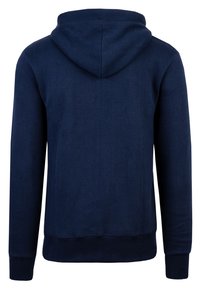Marineblaues Hoodie aus strukturiertem Stoff, mit Kängurutasche und gerippten Bündchen und Saum. Mit einer Kordelzugkapuze auf der Rückseite.