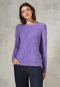 Maglione viola lavorato a maglia con una texture a coste e motivo a zig-zag, caratterizzato da un colletto rotondo e maniche lunghe. Abbinato a jeans scuri.