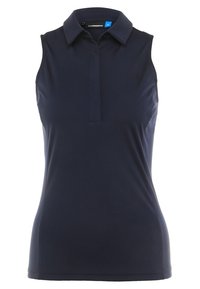 Polo senza maniche di colore navy realizzato in tessuto liscio e traspirante, con colletto a coste e patta con tre bottoni. Dettaglio logo minimale.