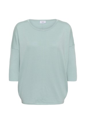 Világoskék, rövid ujjú pulóver kerek nyakkivágással, puha kötött textúrával és laza szabással. A címke felirata: "Saint."