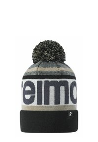 Szydełkowa czapka w kolorze szarym, czarnym i kremowym z dużym czarnym pomponem. Charakteryzuje się wyraźnym napisem oraz teksturowanym wzorem na korpusie i brzegach.