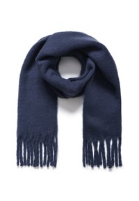 Écharpe en laine bleu marine avec une texture douce, dotée de bords frangés et d'un design en boucle pour plus de chaleur et de style.