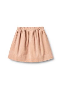 Jupe mini en velours côtelé pêche avec une taille élastique froncée, dotée d'un volant évasé et d'une texture à côtes verticales sur toute sa surface.