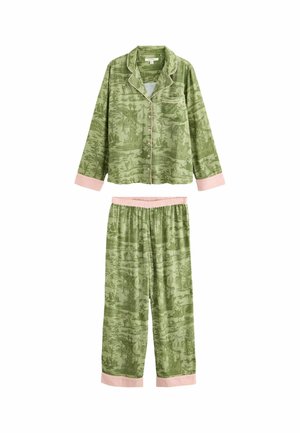 Green long-sleeve button-up pajama top and pants set with pink cuffs and waistband, featuring a detailed scenic print pattern.