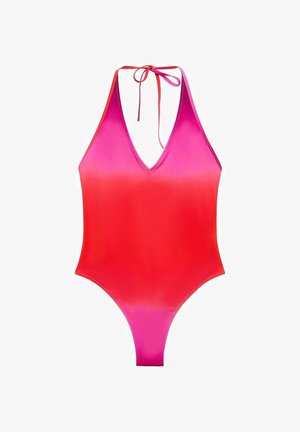 Jednodijelni kupaći kostim s dubokim V-dekolteom, vezanjem oko vrata i gradient bojama koje prelaze iz crvene u ružičastu. Glatka tekstura tkanine.