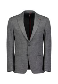 Blazer da uomo grigio, texturizzato, con rever a punta, due tasche frontali a toppa, chiusura a due bottoni e foderato internamente di nero con una sottile striscia rossa.