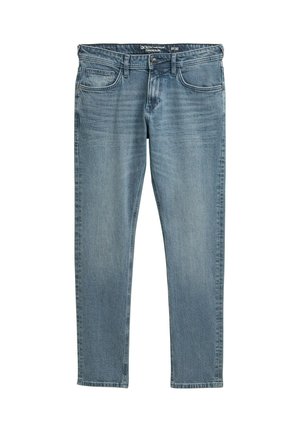 Lichtblauwe slim-fit spijkerbroek met een frontknop, rits en vijf-pocket ontwerp, maat 31/32.