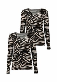 Zwei Langarmhemden zeigen ein schwarz-beiges Zebra-Muster, mit einem V-Ausschnitt und einem weichen, dehnbaren Stoff.