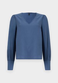 Blå V-hals bluse med lange ballongsleeves og et blødt, teksturert stoff. Har tettsittende mansjetter og en avslappet passform.