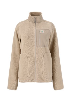 Beige Fleecejacke mit durchgehendem Reißverschluss, hohem Kragen, zwei unteren Taschen und einer Brusttasche mit Reißverschluss und Logo-Patch.
