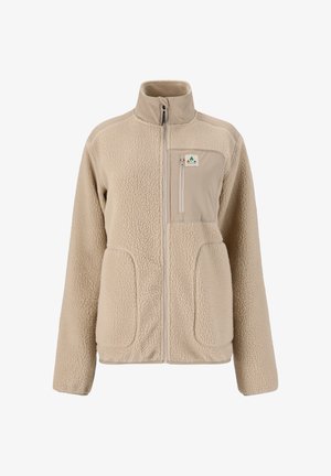 Beige fleece jacket with full front zipper, high collar, two lower pockets, and zippered chest pocket with logo patch.