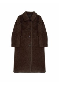 Bruine, lange, gestructureerde jas van pluizig materiaal, met een kraag, knopen aan de voorkant en zijzakken. Eenvoudig, recht ontwerp.