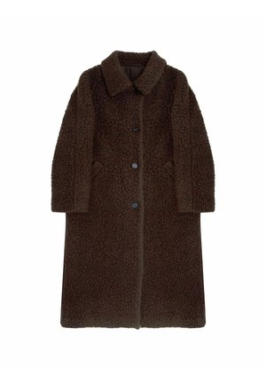 Brauner, langer, strukturierter Mantel aus flauschigem Material, mit Kragen, vorderen Knöpfen und seitlichen Taschen. Einfaches, gerades Design.