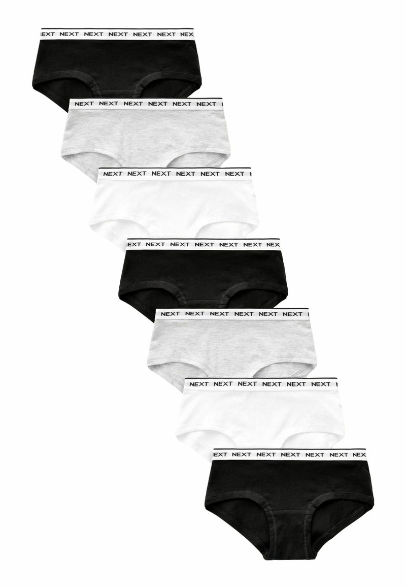 Nove paia di mutande in nero, bianco e grigio, realizzate in un tessuto morbido, con un design essenziale e bande elastiche con il marchio "NEXT".