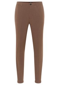 Bruna skräddarsydda byxor med slim fit, som har en slät yta, framknappstängning och rullade fållar vid anklarna.