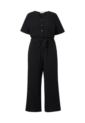 Sort jumpsuit lavet af letvægtsstof, med V-udskæring, korte ærmer, foran knapper, elastisk talje og bindebælte. Bred ben-design.