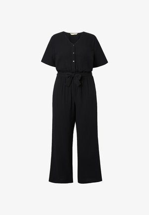 Black jumpsuit made of lightweight fabric, featuring a V-neck, short sleeves, front buttons, elastic waistband, and tie belt. Wide leg design.