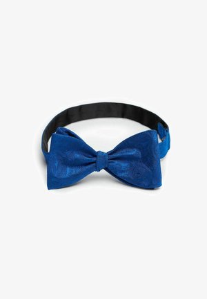 Blå paisley-mönstrad fluga med en texturerad yta, som har ett justerbart svart band för en säker passform.