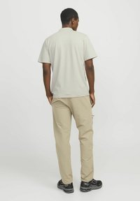 Lys grå kortærmet polo skjorte kombineret med beige bukser og sorte sko, med et enkelt design og afslappet pasform.