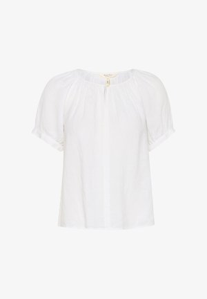 Valge linane lühikese varrukaga pluus ümmarguse kaelusega ja volangdetailidega. Kangas on pehme ja tekstuuriga.