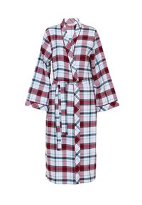 Robe a quadri rosso, verde e bianco con maniche lunghe, design avvolgente e cintura. Realizzata in tessuto morbido, presenta un colletto e un taglio sopra il ginocchio.
