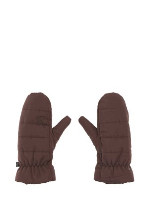 Pair of brown padded mittens with separate thumbs and elastic wrists, designed for warmth and winter wear.