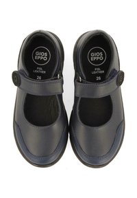 Zapatos de cuero azul marino oscuro con punta redondeada, correa estilo Mary Jane, interior acolchado y suela de goma-texturizada, talla 26.