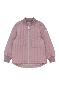 Gepolsterte, hellrosa Jacke mit hohem Kragen, Reißverschluss vorne, gerippten Bündchen und einem Logo-Patch am Ärmel. Glatte, gepolsterte Textur.