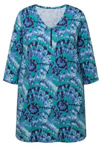 Tunika a V in blu, verde e motivo tie-dye blu navy. Presenta una zip frontale a metà e maniche a tre quarti. Tessuto morbido e leggero.