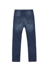 Mörka denimjeans med rak bendesign, fem fickor och subtila blekningar. Har en standard midja och bälteshällor.