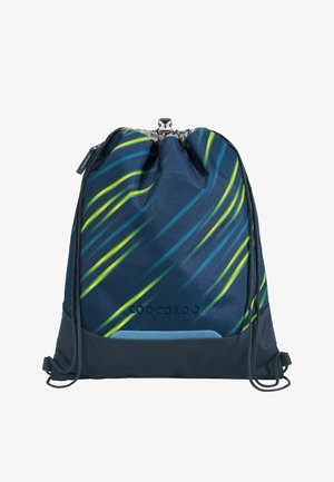 Marineblauer Rucksack mit Kordelzug, limettengrünen und blauen diagonalen Streifen, schwarzer Basis und kleinem frontalen Logotext.