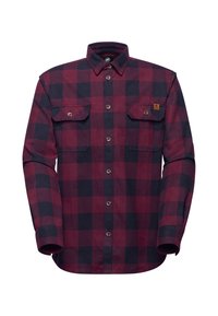 Camicia a maniche lunghe in flanella a quadri rossi e neri con chiusura frontale con bottoni e due tasche sul petto con patta e bottone.