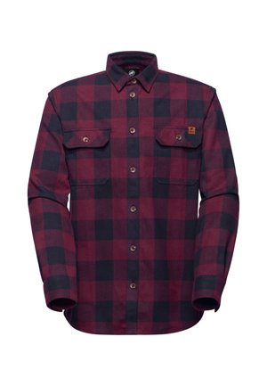 Röd- och svartrutigt flanellskjorta med långa ärmar, knäppning fram och två bröstfickor med knäppta klaffar.
