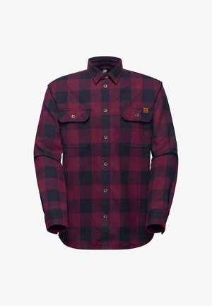 Chemise en flanelle à carreaux rouges et noirs à manches longues, avec fermeture à boutons et deux poches poitrine à rabats boutonnés.